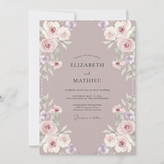 Muted Plum Bouquet Eucalyptus Wedding Invitation (Front)