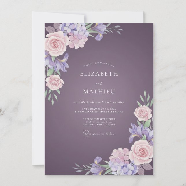 Muted Plum Hydrangea Eucalyptus Wedding Invitation (Front)