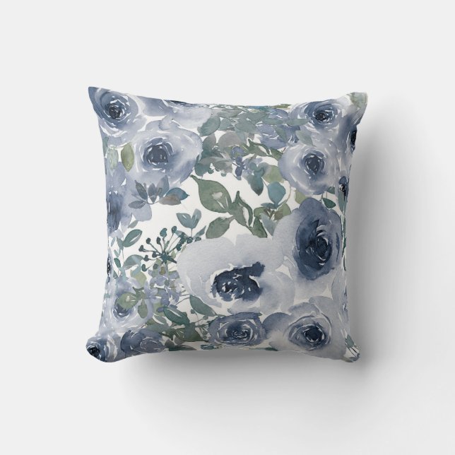 Muted Powder Grey Blue Watercolor Floral Accent Cushion (Front)