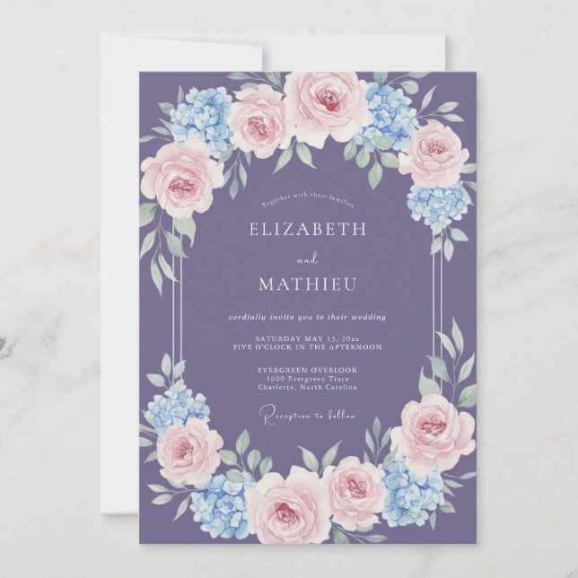 Muted Purple Hydrangea Eucalyptus Wedding Invitation (Front)