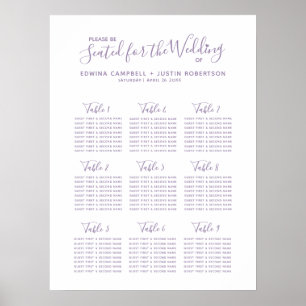 Muted purple script heart art wedding table plan poster