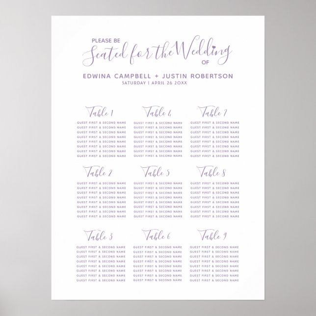 Muted purple script heart art wedding table plan poster (Front)