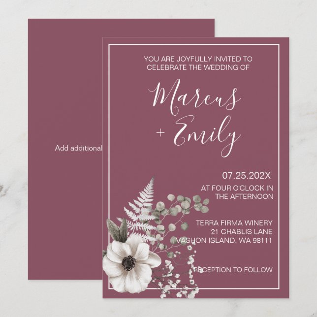 Muted Purple & White Floral Wedding  Invitation (Front/Back)