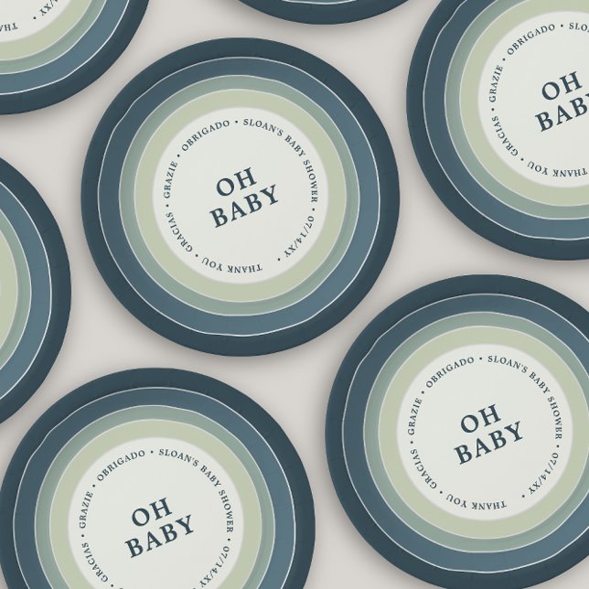 Muted Rainbow Baby Shower Boy Blue Green  Paper Plate (Creator Uploaded)