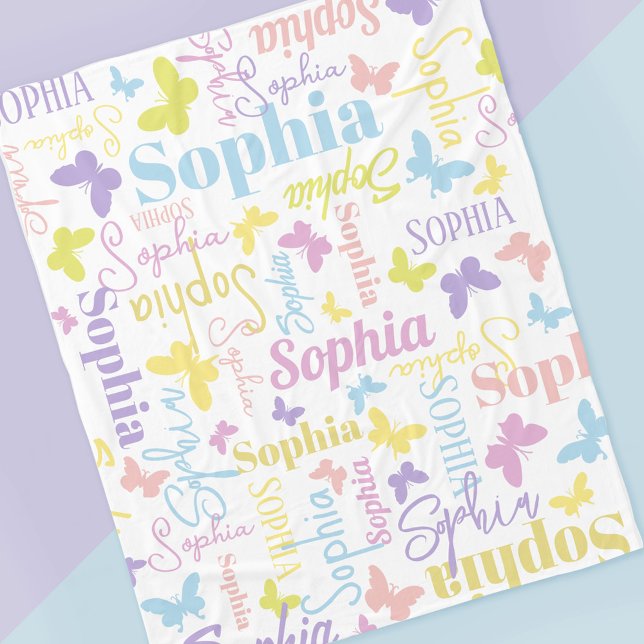 Muted rainbow butterflies custom name Sophia Fleece Blanket (Creator Uploaded)