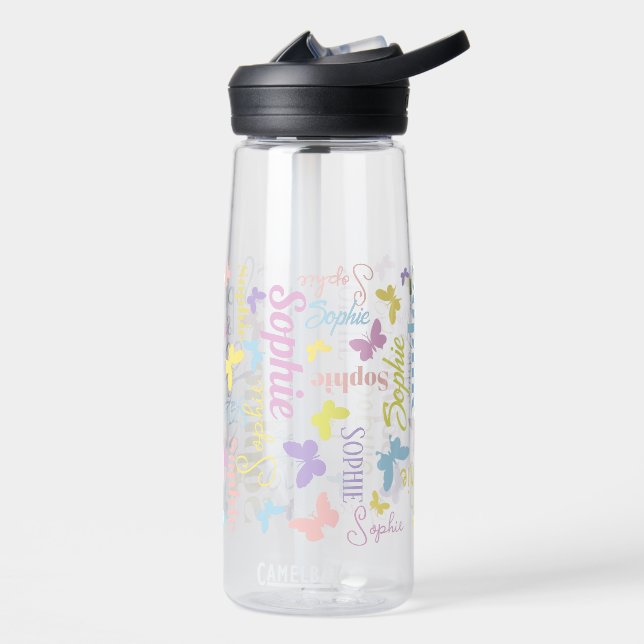 Muted rainbow butterflies custom name Sophie Water Bottle (Left)