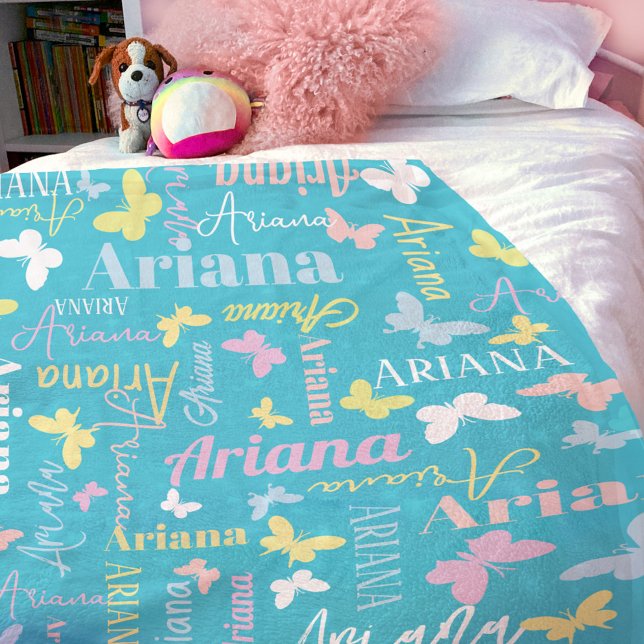 Muted rainbow butterfly custom name Ariana aqua Fleece Blanket (Creator Uploaded)
