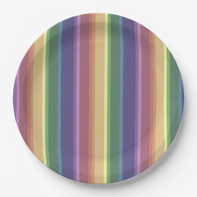 Muted rainbow stripes paper plate (Front)