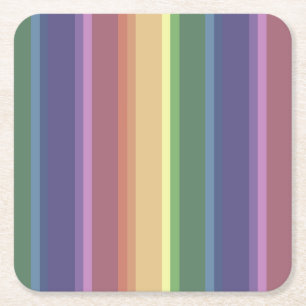 Muted rainbow stripes square paper coaster