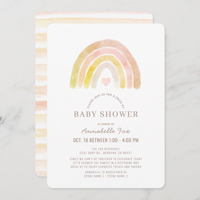 Muted Rainbow Watercolor Pink Drive-by Baby Shower Invitation (Front/Back)