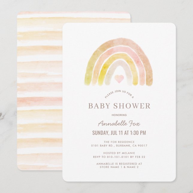 Muted Rainbow Watercolor Pink Girl Baby Shower Invitation (Front/Back)