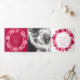 Muted red pink pansy flowers watercolor wedding Tri-Fold programme