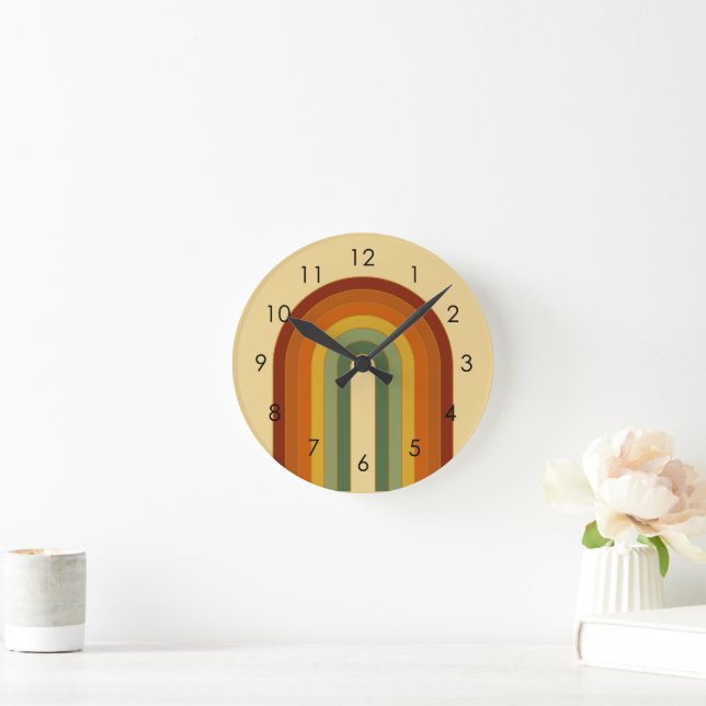 Muted Retro Groovy Layered Rainbow Aesthetic Round Clock (Home)