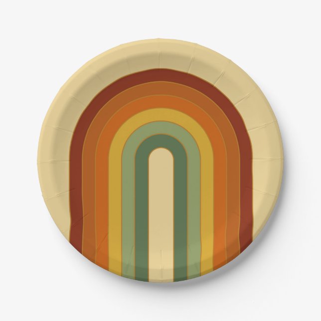Muted Retro Groovy Layered Rainbow Round Paper Plate (Front)