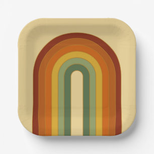 Muted Retro Groovy Layered Rainbow Square Paper Plate