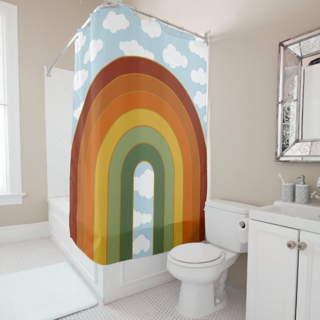 Muted Retro Seventies Rainbow Cloud Sky Shower Curtain (In Situ)
