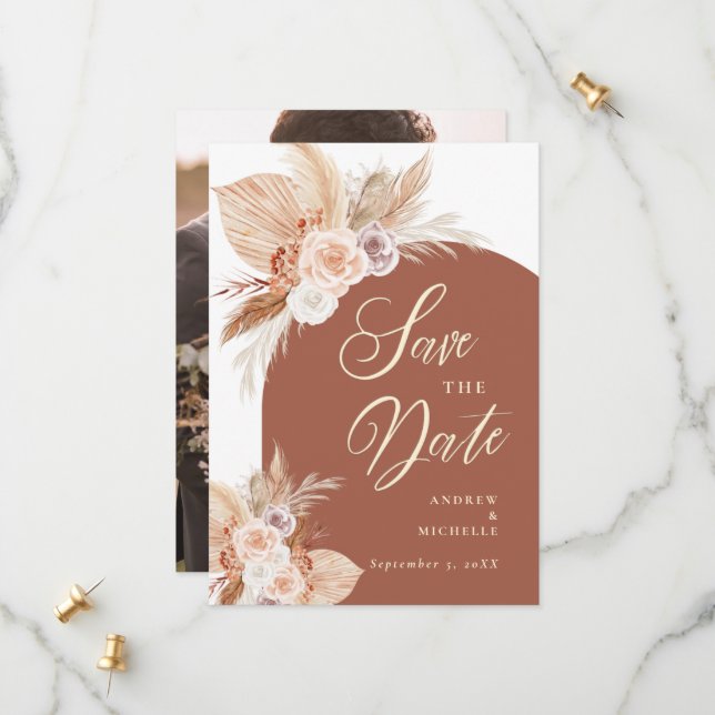 Muted Rose Pampas Terracotta Boho Photo Wedding Save The Date (Front/Back In Situ)