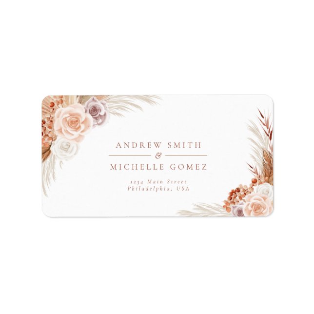 Muted Rose Pampas Terracotta Boho Wedding Address Label (Front)