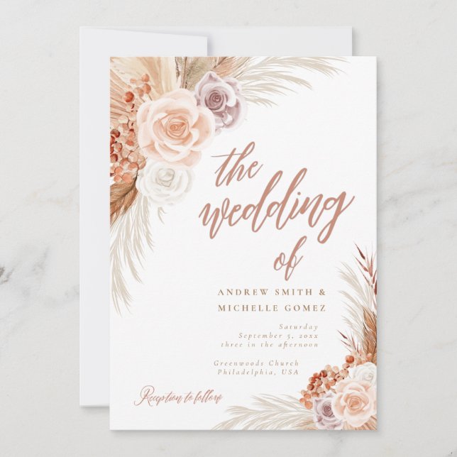 Muted Rose Pampas Terracotta Boho Wedding Invitation (Front)