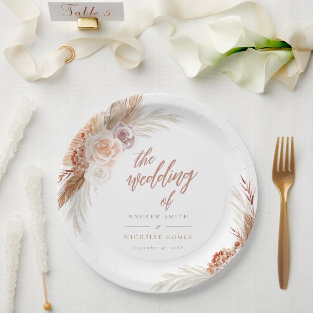 Muted Rose Pampas Terracotta Boho Wedding Paper Plate (Wedding)