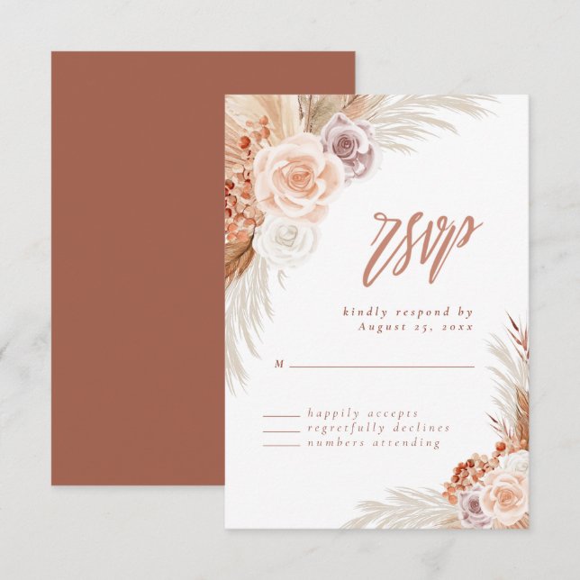 Muted Rose Pampas Terracotta Boho Wedding RSVP Card (Front/Back)