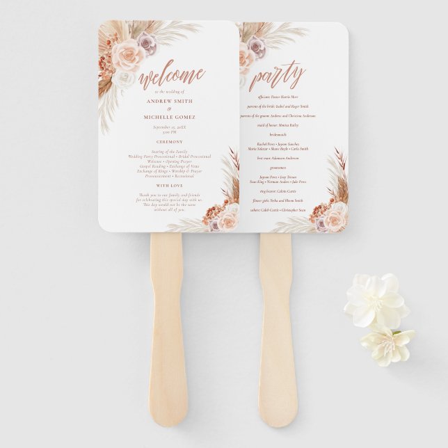 Muted Rose Pampas Terracotta Palm Wedding Program Hand Fan (Front and Back)