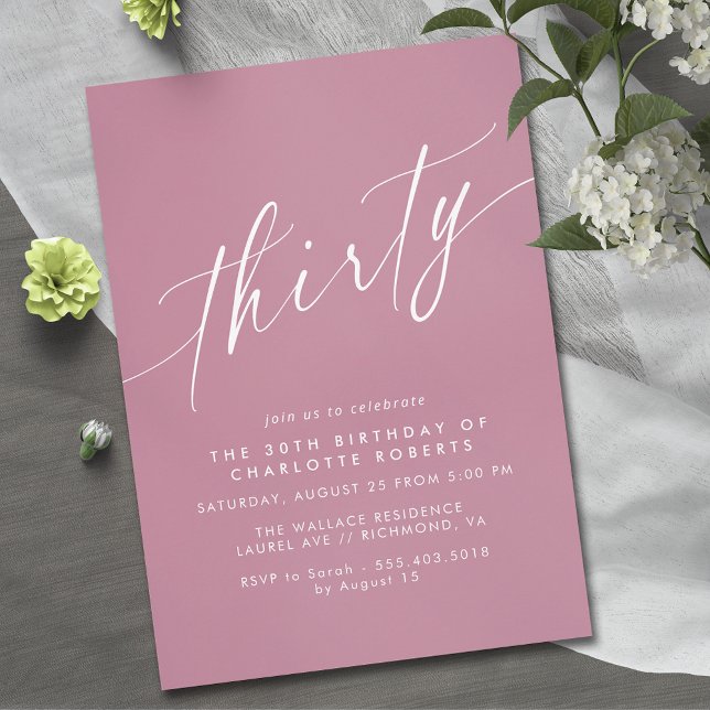 Muted Rose Pink Elegant Girly Womens 30th Birthday Invitation (Creator Uploaded)