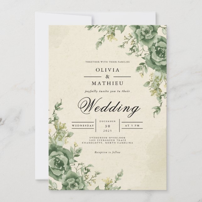 Muted Sage Floral Arch Wedding Invitation (Front)