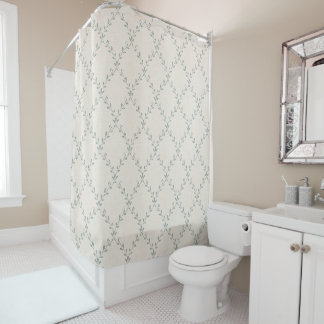 Muted Sage Floral Trellis Block Print Pattern Shower Curtain