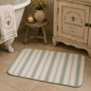 Muted Sage French Country Stripes   Vintage Rustic Bath Mat
