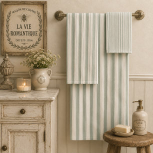 Muted Sage French Country Stripes Vintage Rustic Bath Towel Set