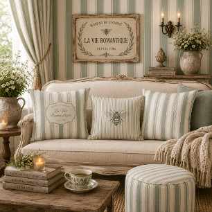 Muted Sage French Country Stripes Vintage Rustic Cushion