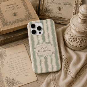Muted Sage French Country Stripes   Vintage Rustic iPhone 15 Pro Case
