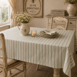 Muted Sage French Country Stripes Vintage Rustic Tablecloth
