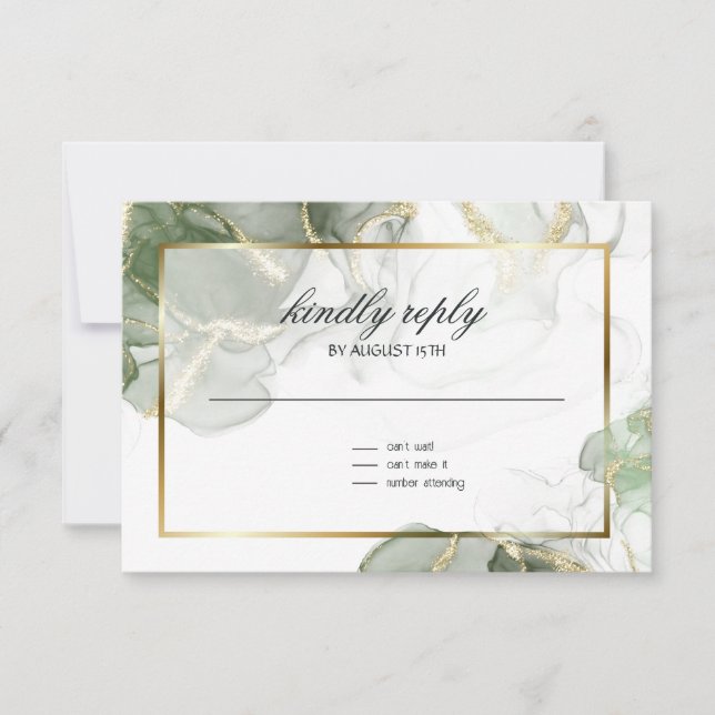 Muted Sage Gold Marbled RSVP Card (Front)