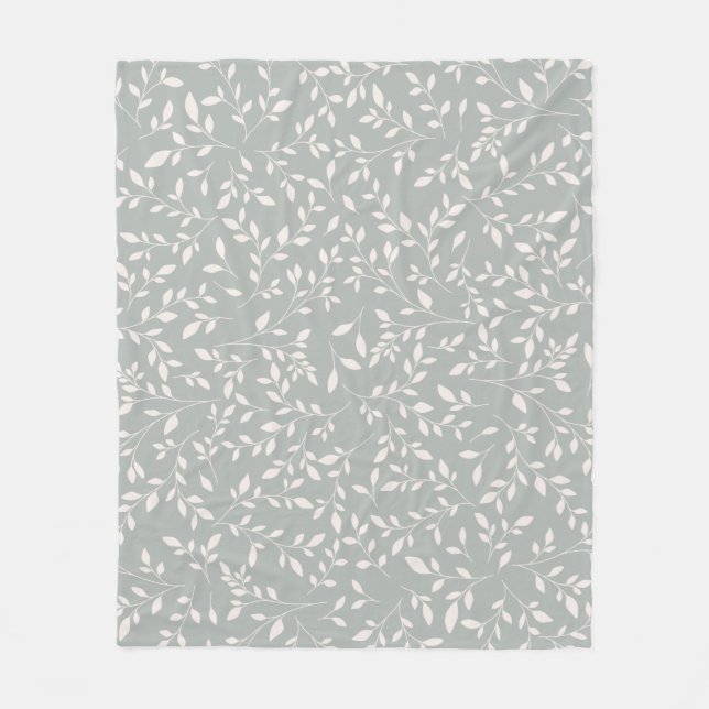 Muted Sage Green and Cream Botanical Vine Pattern Fleece Blanket (Front)