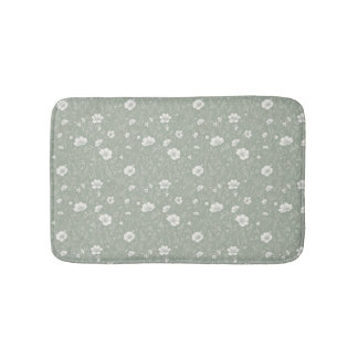 Muted Sage Green And White Wildflower Pattern Bath Mat