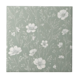 Muted Sage Green And White Wildflower Pattern Tile