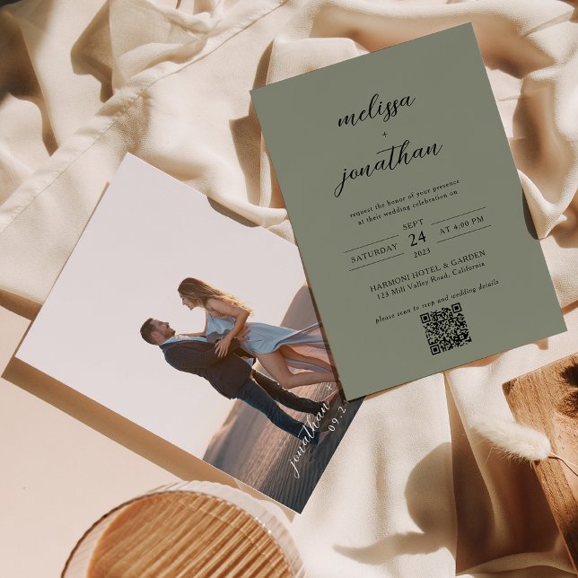 Muted Sage Green & Black Photo QR Code Wedding Invitation (Creator Uploaded)