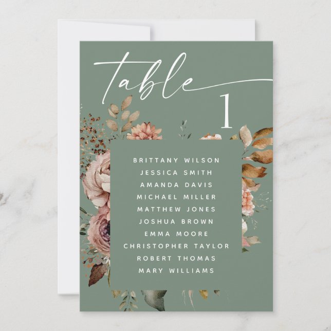 Muted Sage Green Boho Floral Wedding Seating Chart Invitation (Front)