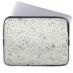Muted Sage Green Floral Botanical Pattern on Light Laptop Sleeve