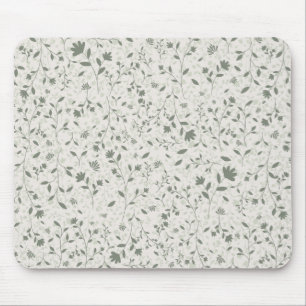 Muted Sage Green Floral Botanical Pattern on Light Mouse Mat