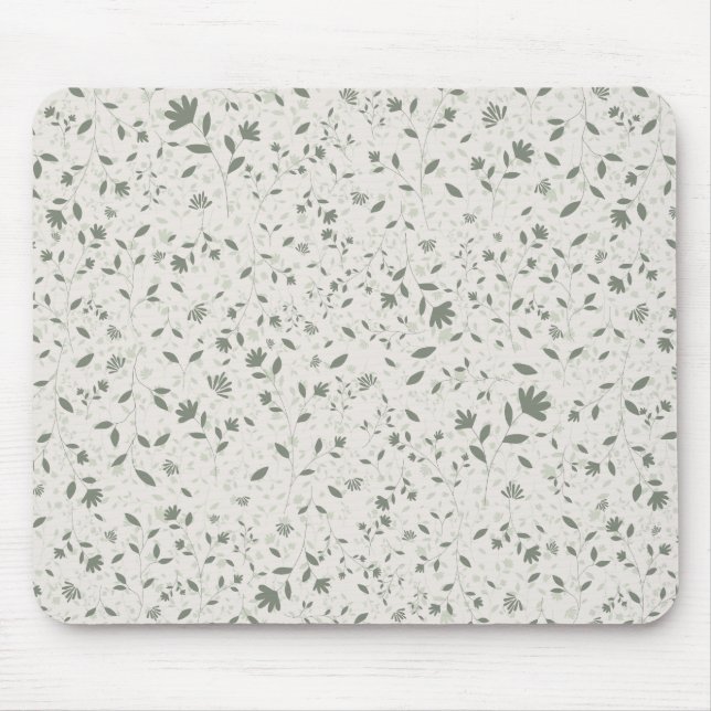 Muted Sage Green Floral Botanical Pattern on Light Mouse Mat (Front)