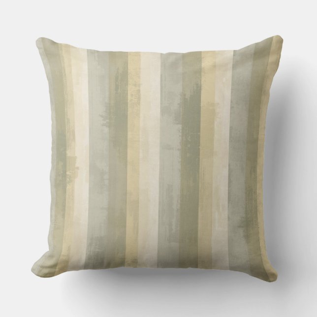 Muted Sage Green Grey Yellow Modern Rustic Stripe Cushion (Front)