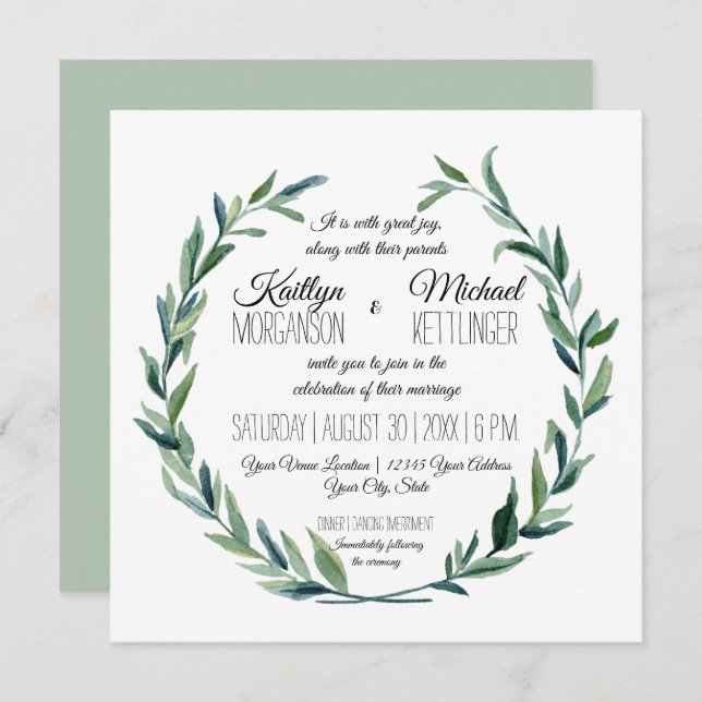 Muted Sage Laurel Wreath Olive Leaf Branch Modern Invitation (Front/Back)