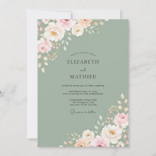 Muted Sage Pink Ranunculus Eucalyptus Wedding Invitation