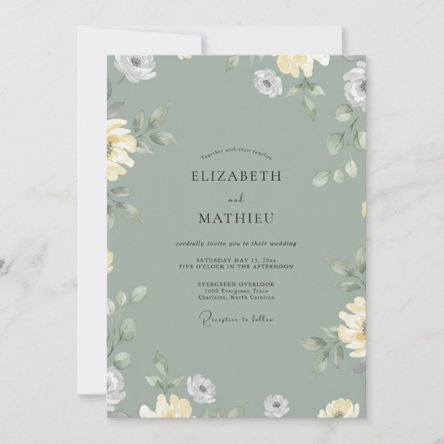 Muted Sage Yellow Wildflower Wedding Invitation (Front)