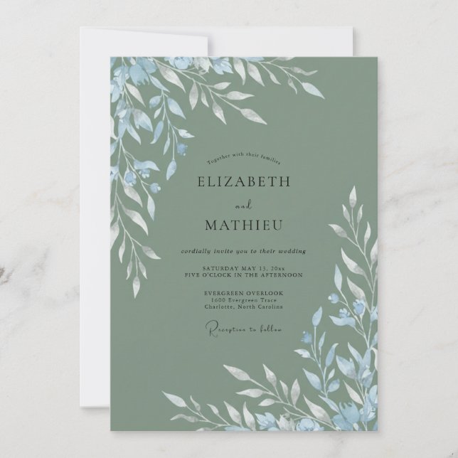 Muted Seafoam Leafy Wedding Invitation (Front)