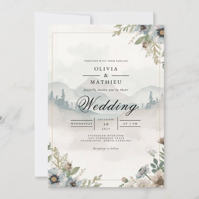 Muted Sky Silhouette Mountain Wedding Invitation (Front)