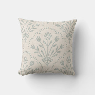 Muted Soft Sage Green Folk Floral Scallop Pattern Cushion